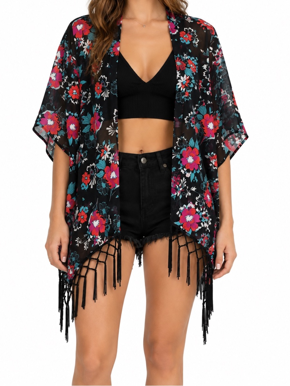 Floral Fringe Beach Cover-Up Kimono - Black with Pink & Teal Flowers